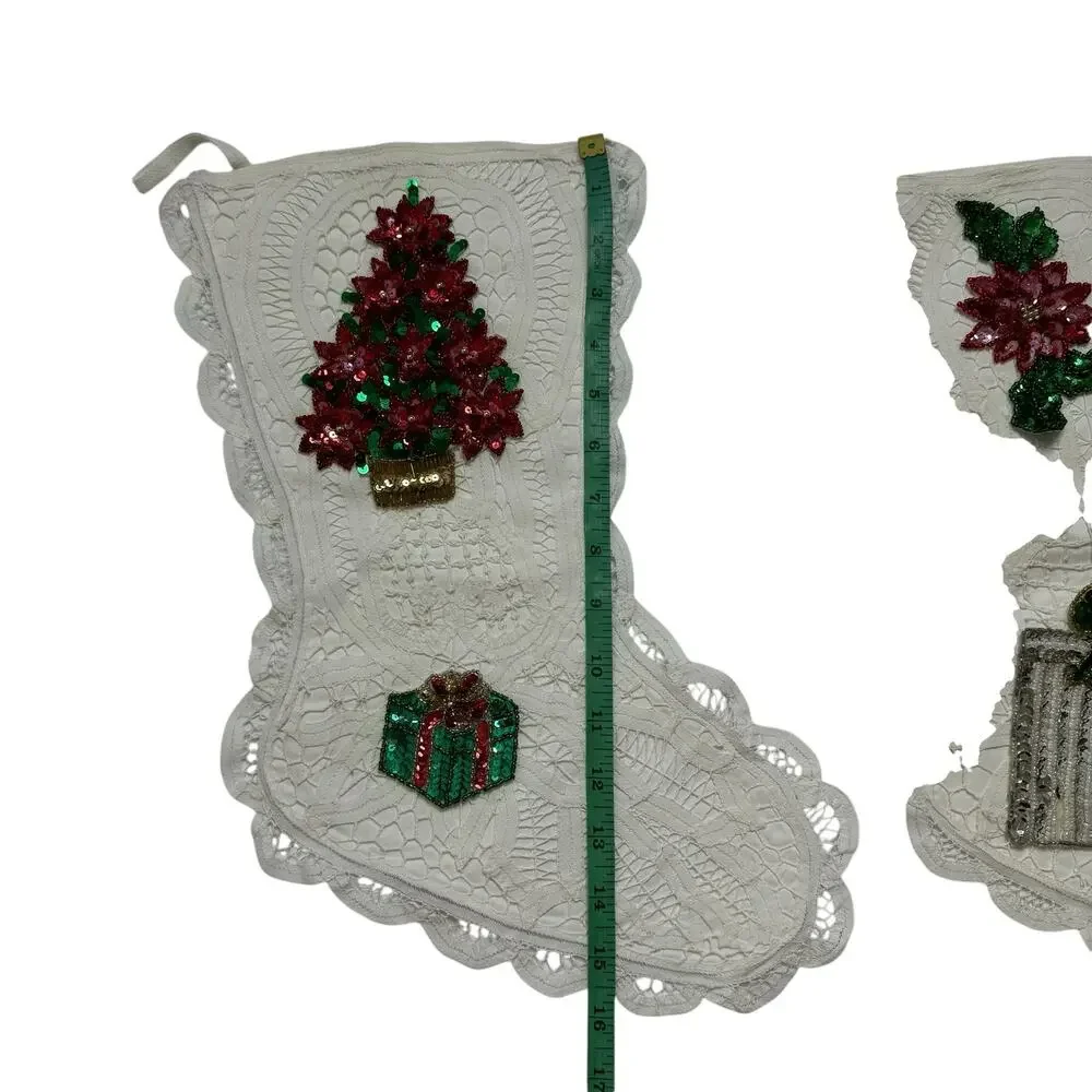APRIL CORNELL Christmas Stocking Decoration White Lace Sequin Appliqués Set of 2